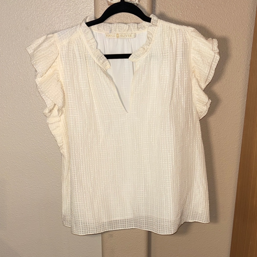 Marie Oliver Merrit silk/linen Blend Ruffle Cap Sleeve V-Neck Blouse